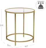 VASAGLE Round Side Table Tempered Glass End Table With Golden Metal Frame Small Coffee Table Gold - 45-Degree Angle