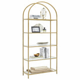 VASAGLE Bookshelf 5 Tier Tempered Glass with Gold Metal Frame - Front View