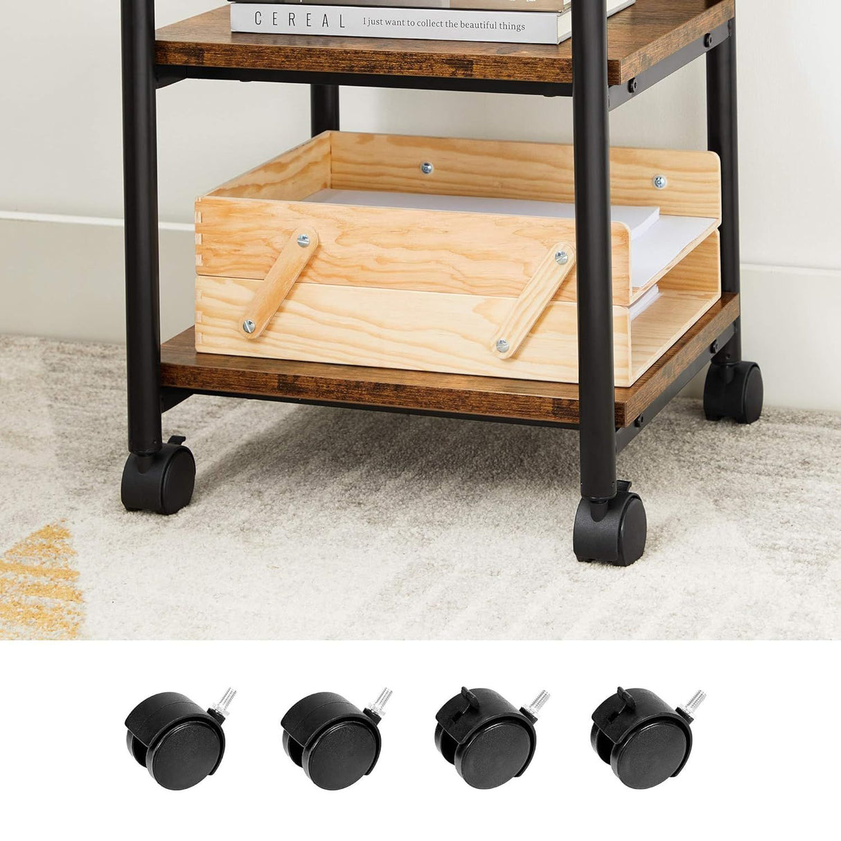 VASAGLE Adjustable 3-Tier Printer Cart with Rolling Wheels in Rustic Brown and Black