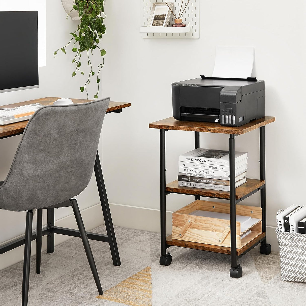 VASAGLE Adjustable 3-Tier Printer Cart with Rolling Wheels in Rustic Brown and Black