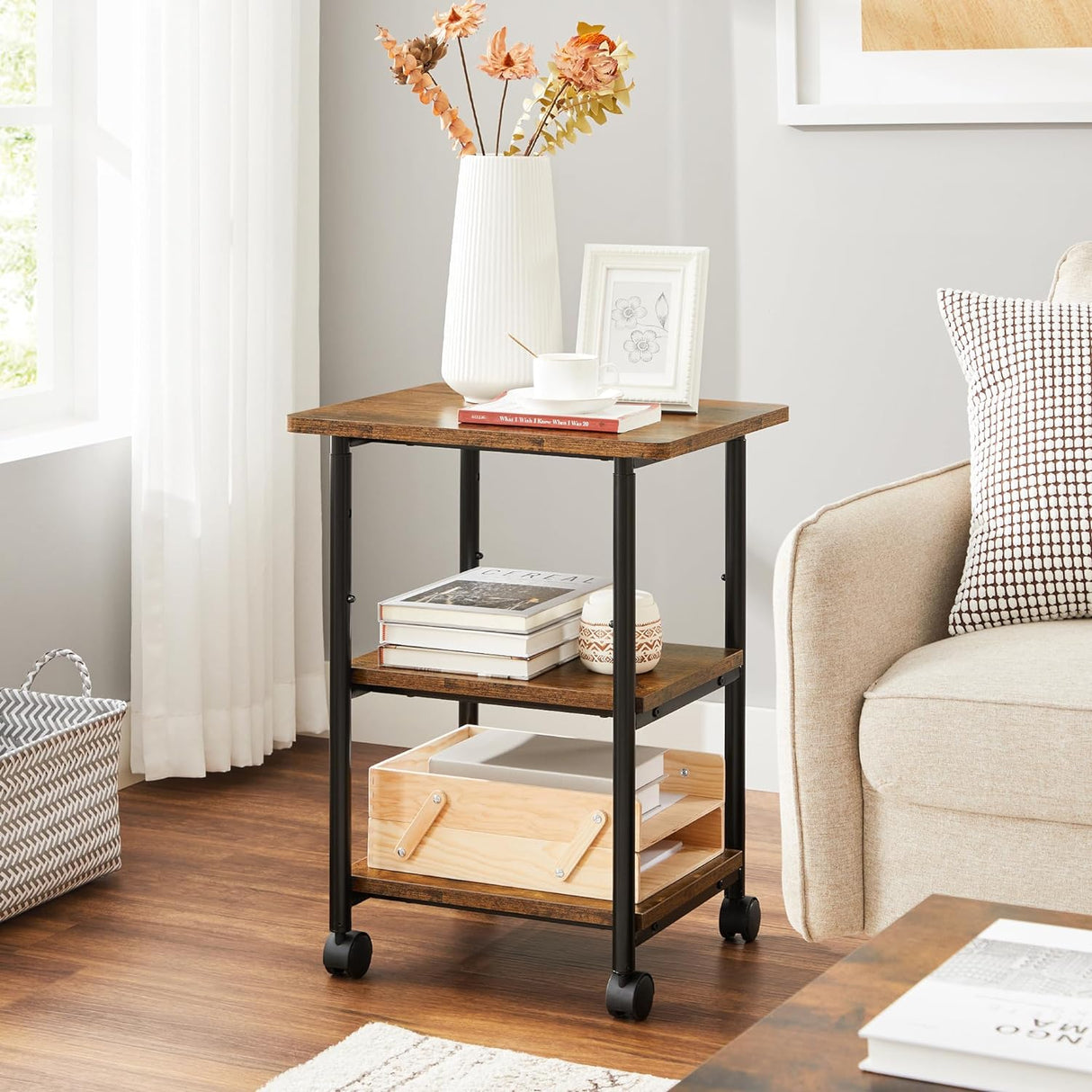 VASAGLE Adjustable 3-Tier Printer Cart with Rolling Wheels in Rustic Brown and Black