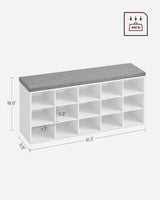 VASAGLE Storage Shoe Bench 15 Compartments with Cushion White and Grey - Low Angle