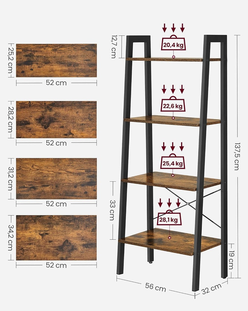 VASAGLE 4-Tier Rustic Industrial Ladder Shelf for Elegant Living Room Storage - Brown and Black