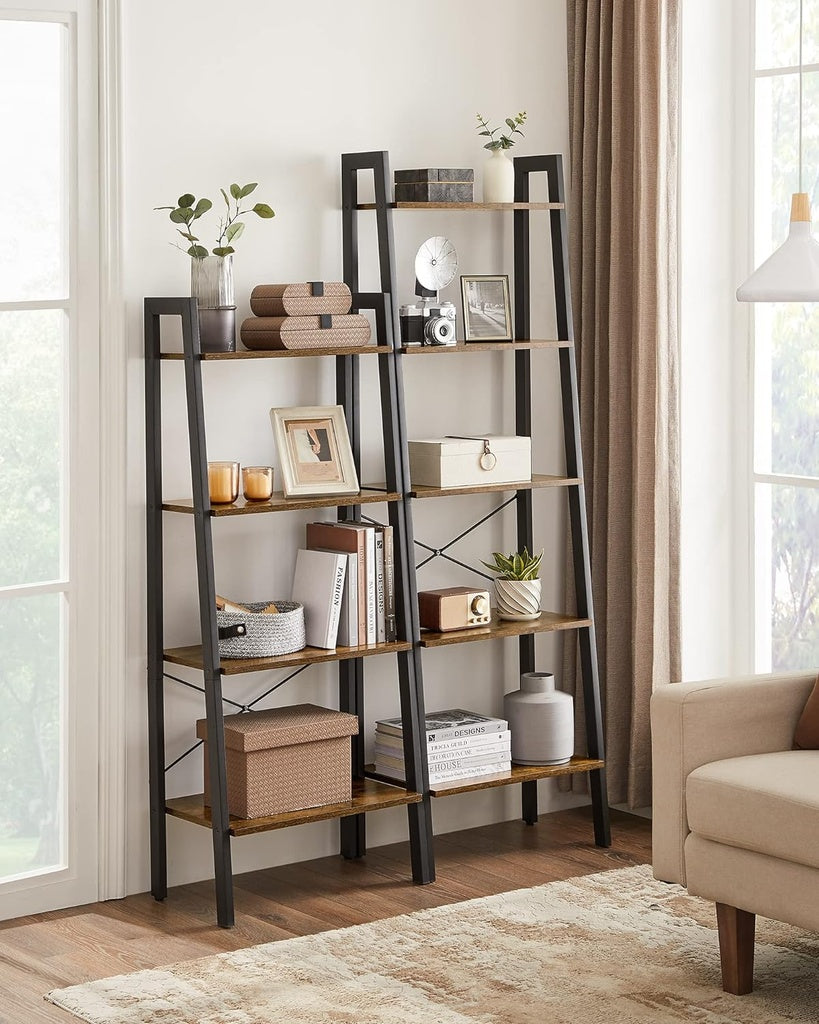 VASAGLE 4-Tier Rustic Industrial Ladder Shelf for Elegant Living Room Storage - Brown and Black