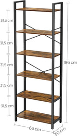 VASAGLE 6-Tier Bookcase Storage Shelf Industrial Design Vintage Brown Black - Front View