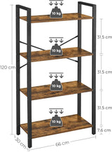 VASAGLE 4-Tier Bookshelf Storage Rack with Steel Frame for Living Room Office Study Hallway Industrial Style Rustic Brown and Black - Side View