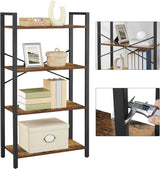 VASAGLE 4-Tier Bookshelf Storage Rack with Steel Frame for Living Room Office Study Hallway Industrial Style Rustic Brown and Black - Low Angle