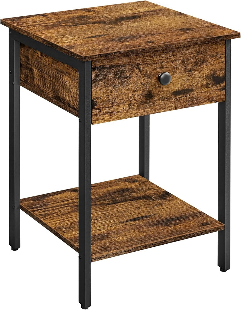 Rustic Industrial Nightstand with Drawer and Shelf in Brown and Black