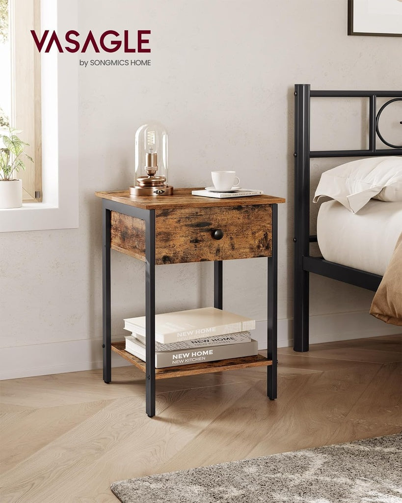 Rustic Industrial Nightstand with Drawer and Shelf in Brown and Black