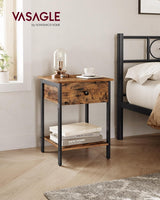 Rustic Industrial Nightstand with Drawer and Shelf in Brown and Black