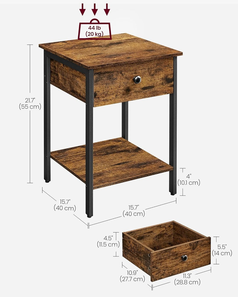 Rustic Industrial Nightstand with Drawer and Shelf in Brown and Black