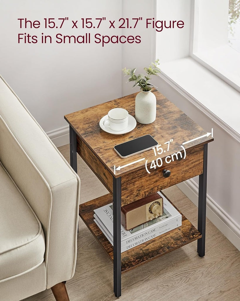 Rustic Industrial Nightstand with Drawer and Shelf in Brown and Black