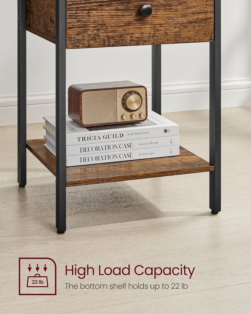 Rustic Industrial Nightstand with Drawer and Shelf in Brown and Black