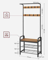 VASAGLE Coat Rack with Shoe Rack 183 cm Height Walnut Brown and Black - 45-Degree Angle