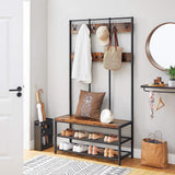 VASAGLE Large Coat Rack Stand Coat Tree with 12 Hooks and Shoe Bench Brown and Black - Front View