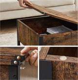 VASAGLE Coffee Table With Folding Top Rustic Brown Black - Side View