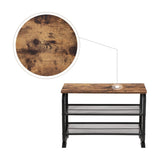 VASAGLE Shoe Bench with 2 Mesh Shelves Rounded Iron Frame Industrial Rustic Brown - Low Angle