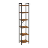 VASAGLE Narrow Bookcase Small 6-Tiers Bookshelf Industrial Rustic Brown and Black - Front View