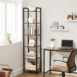 VASAGLE Narrow Bookcase Small 6-Tiers Bookshelf Industrial Rustic Brown and Black - Rear View