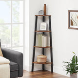 VASAGLE Corner Shelf 4-Tier Industrial Storage Rack Rustic Brown and Black - Close-Up Angle