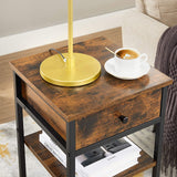 VASAGLE Nightstand End Table with a Drawer and 2 Storage Shelves Industrial Rustic Brown and Black - Front View