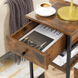VASAGLE Nightstand End Table with a Drawer and 2 Storage Shelves Industrial Rustic Brown and Black - 45-Degree Angle