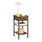 VASAGLE Nightstand End Table with a Drawer and 2 Storage Shelves Industrial Rustic Brown and Black - Close-Up Angle
