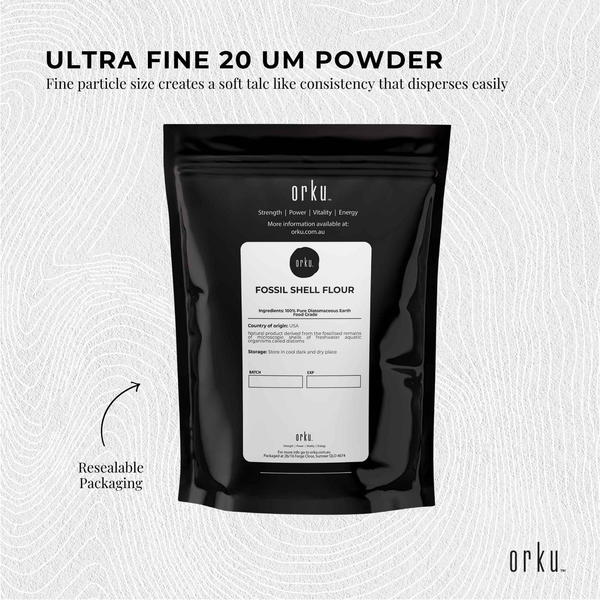 Orku 1Kg Fine Diatomaceous Earth - Food Grade FCC Fossil Shell Flour Powder