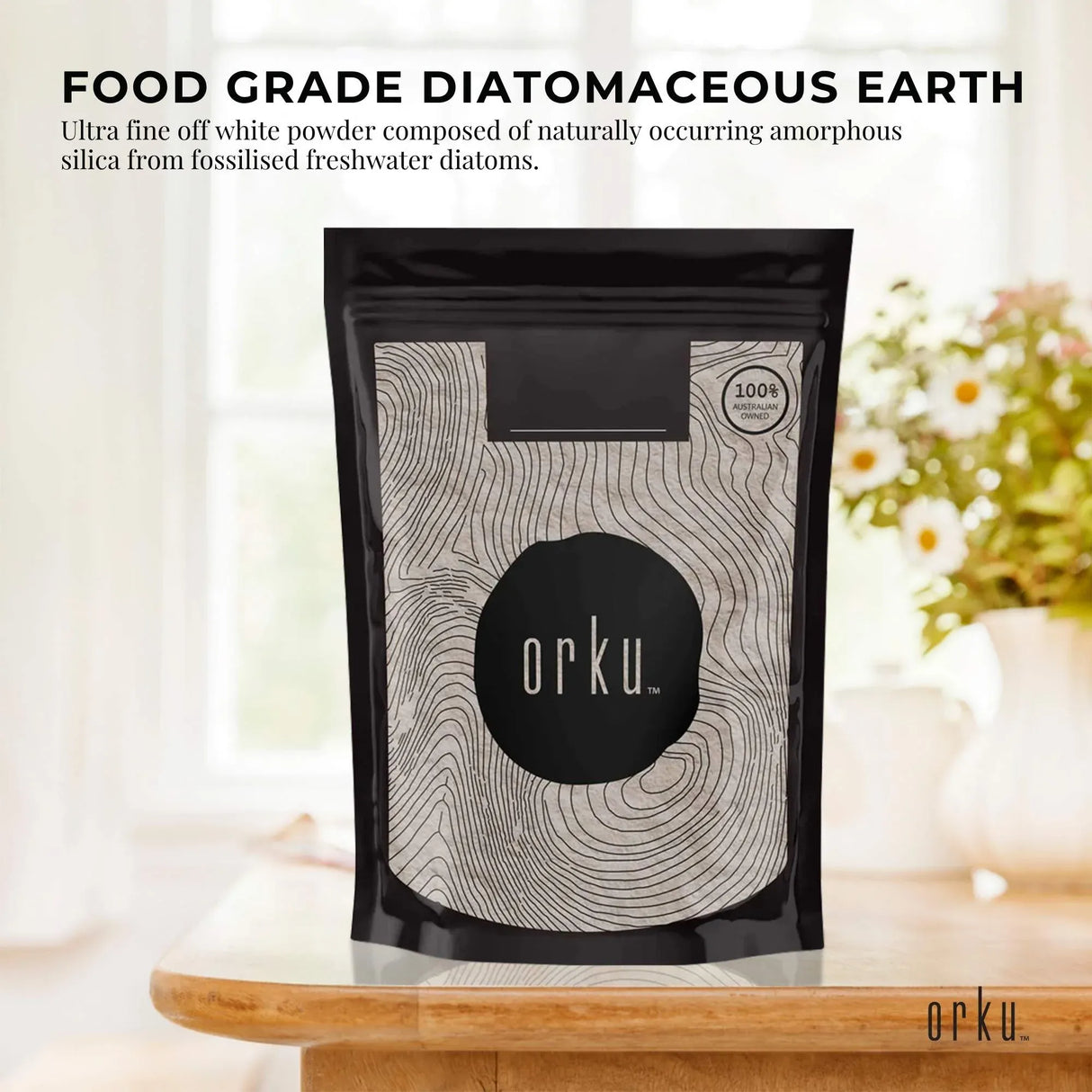 Orku 2Kg Fine Diatomaceous Earth - Food Grade FCC Fossil Shell Flour Powder