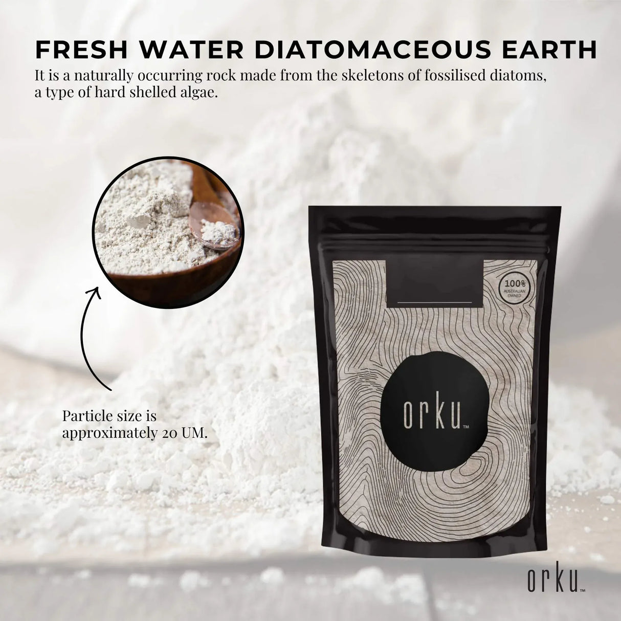 Orku 2Kg Fine Diatomaceous Earth - Food Grade FCC Fossil Shell Flour Powder