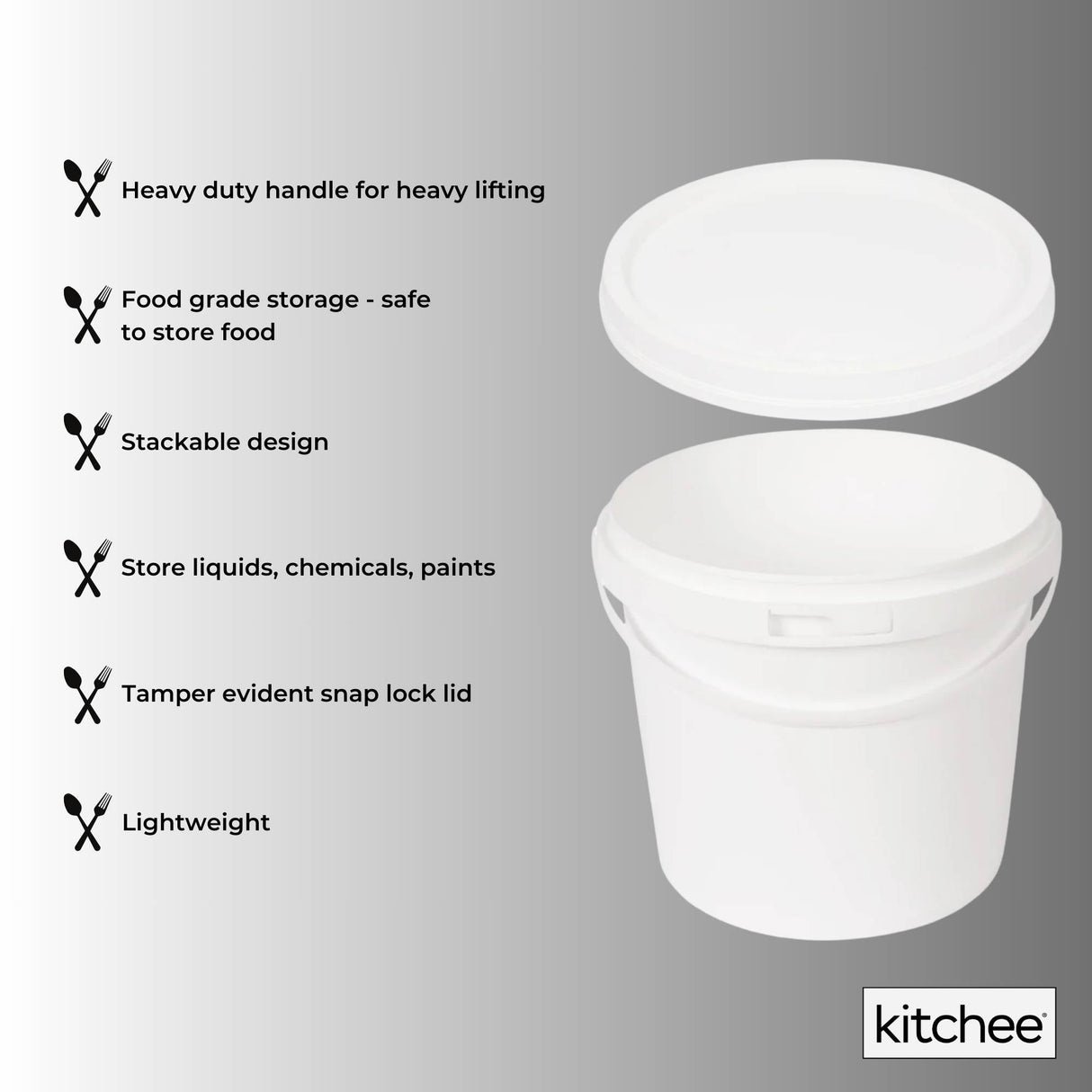 Bulk 10x 5L Plastic Buckets + Lids - Empty White With Handle - Large Food Pail