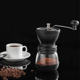 Coffee Bean Grinder - Manual Hand Stainless Ceramic Burr Core Glass Jar Nut Mill - Low Angle