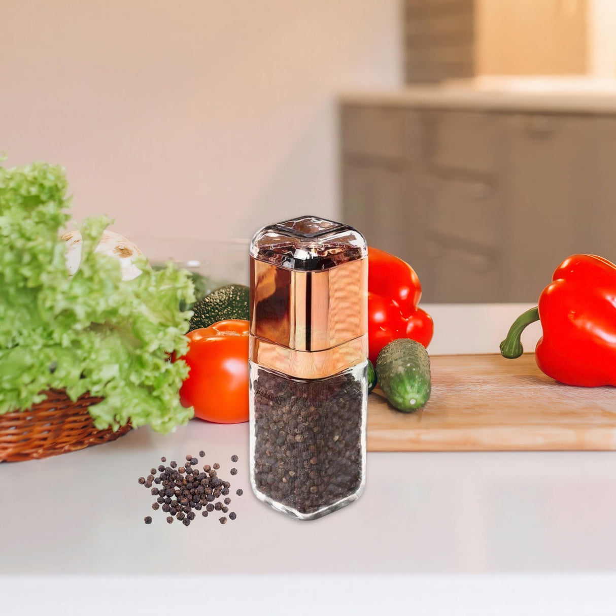 Orku Single Salt or Pepper Grinder 180ml ??Glass Manual Mill with Rose Gold Lid