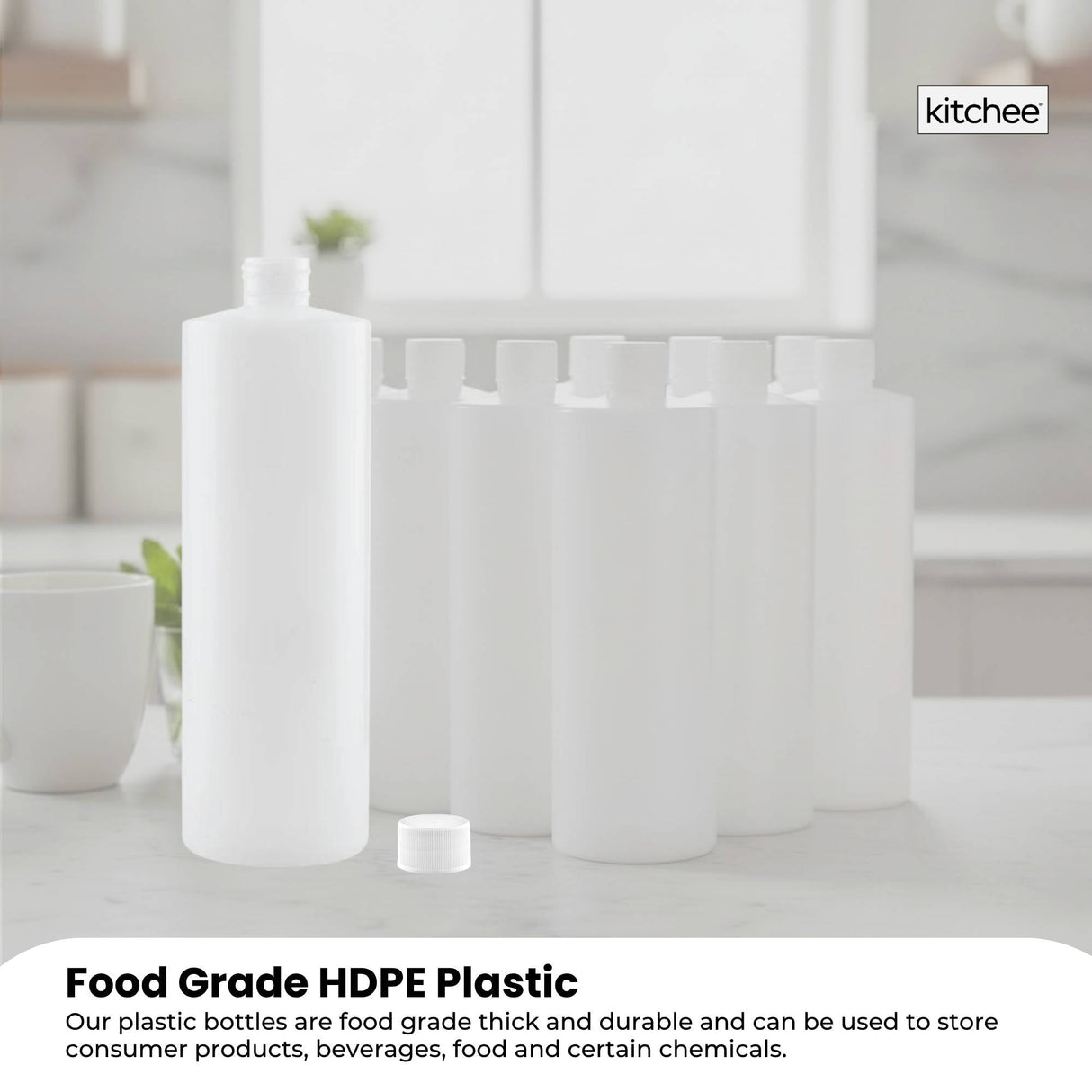 Kitchee 10x 250ml Natural HDPE Round Bottle + 28/410 Caps - Empty Plastic Food Storage