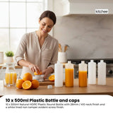 Kitchee 10x 500ml Natural HDPE Round Bottle + 28/410 Caps - Empty Plastic Food Storage - Front View