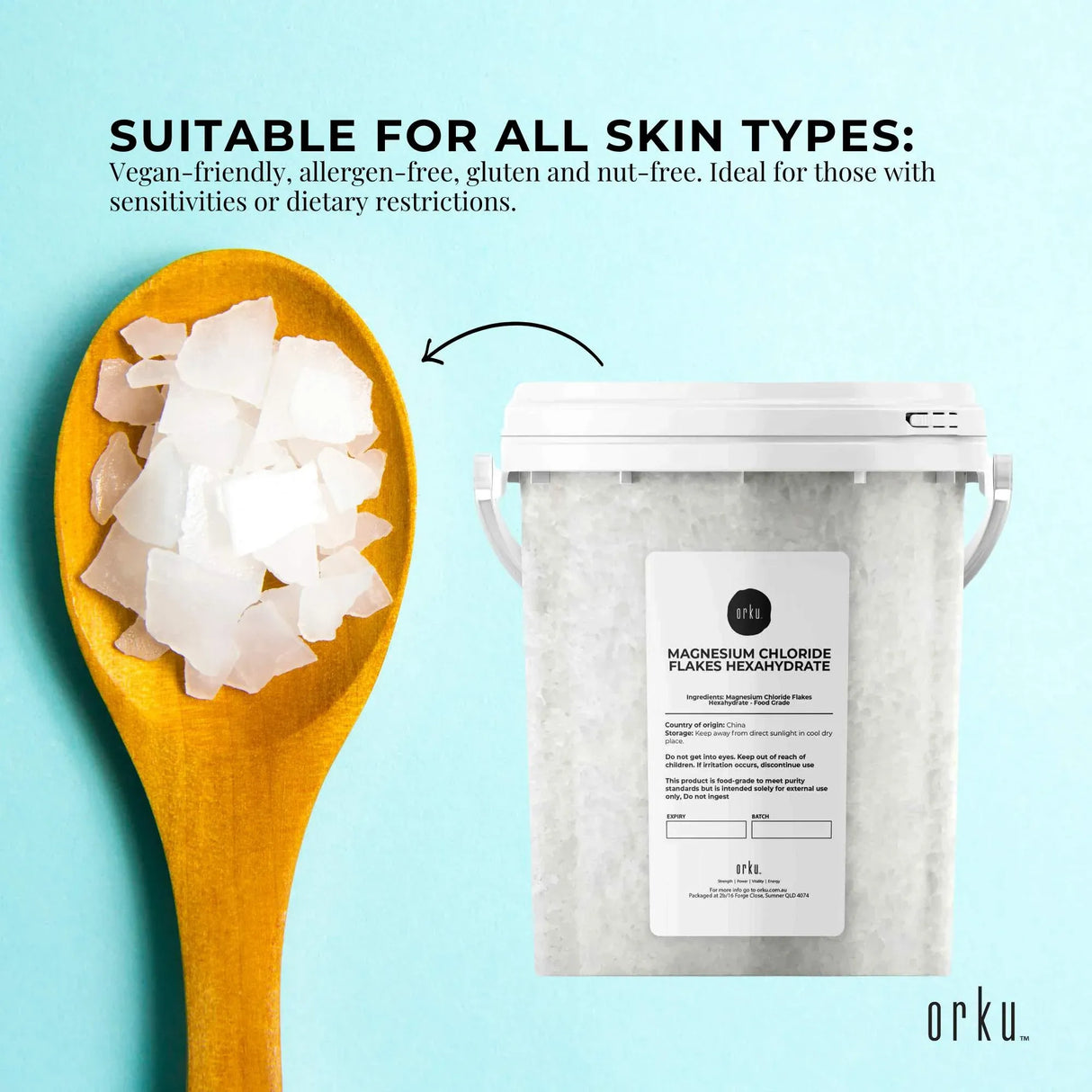 Orku 800g Magnesium Chloride Flakes Hexahydrate Tub - FCC USP Spec Bath Salts