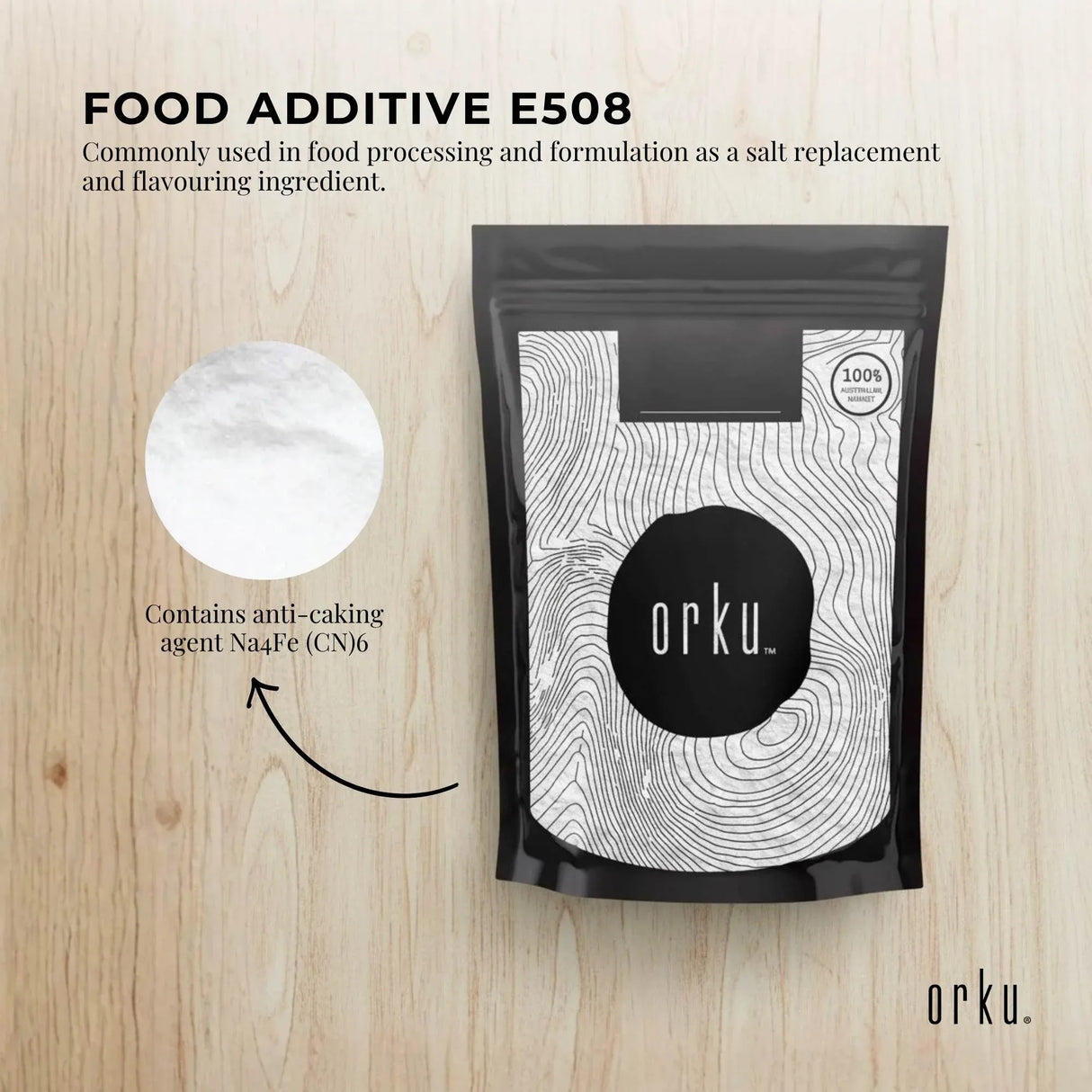 Orku 100g Potassium Chloride Powder (KCl) - Food Grade E508 Salt Substitute