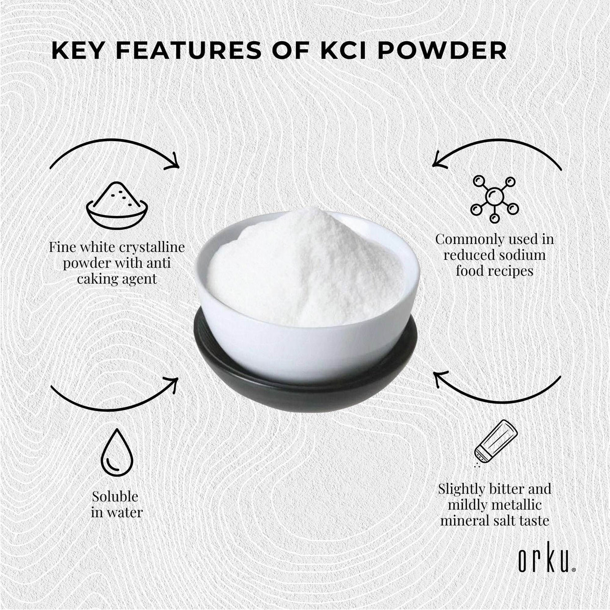 Orku 2Kg Potassium Chloride Powder (KCl) - Food Grade E508 Salt Substitute