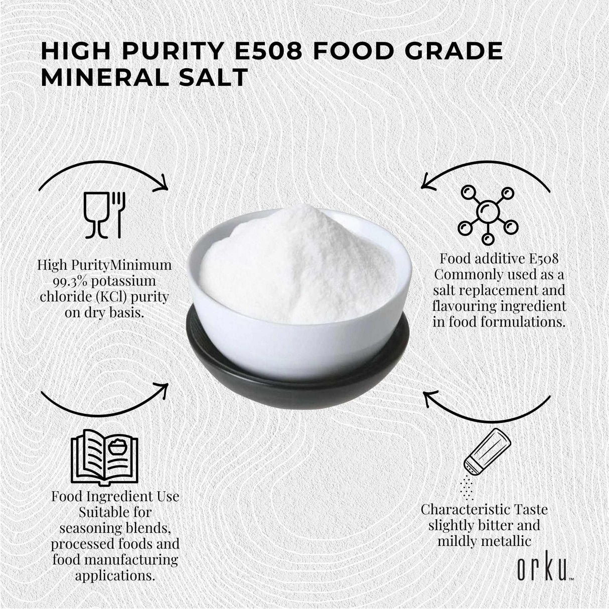 Orku 2Kg Potassium Chloride Powder (KCl) - Food Grade E508 Salt Substitute