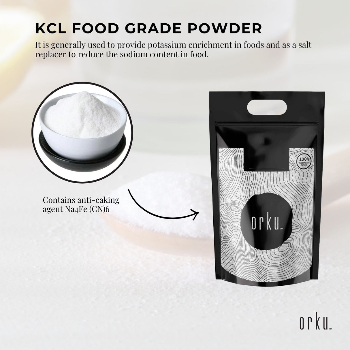 Orku 5Kg Potassium Chloride Powder (KCl) - Food Grade E508 Salt Substitute