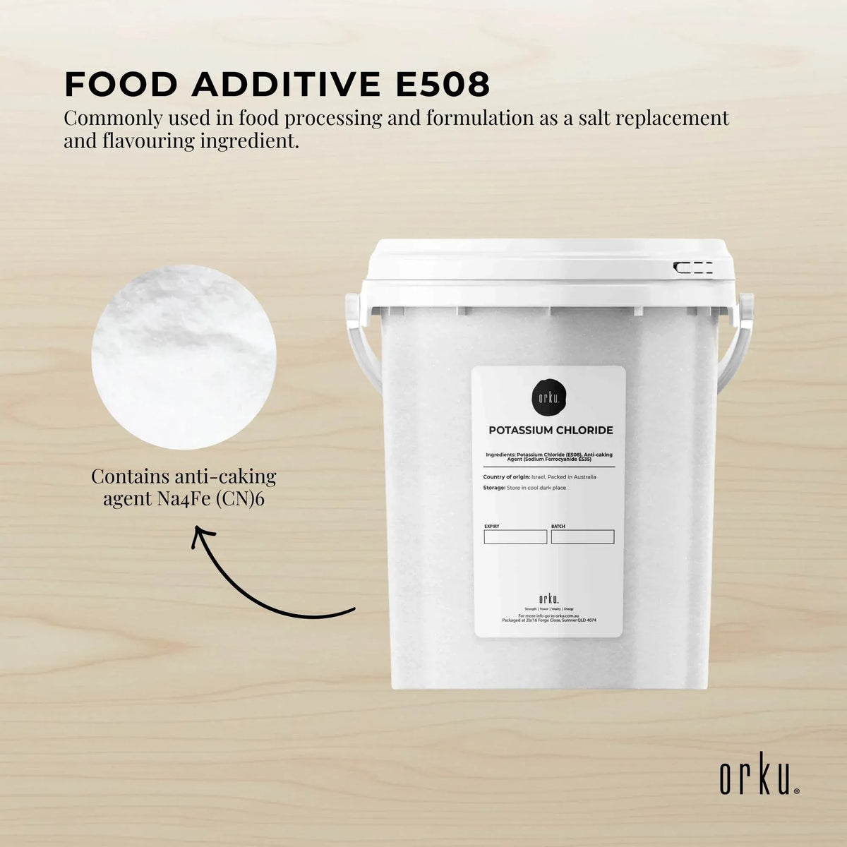Orku 1.3Kg Potassium Chloride Powder (KCl) Tub - Food Grade E508 Salt Substitute