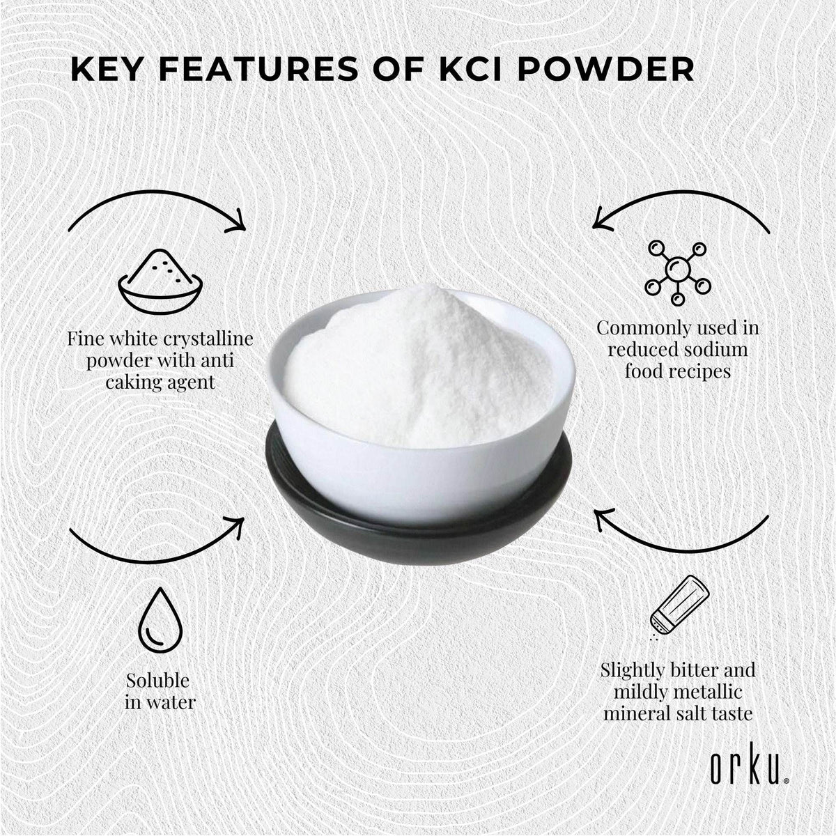 Orku 1.3Kg Potassium Chloride Powder (KCl) Tub - Food Grade E508 Salt Substitute