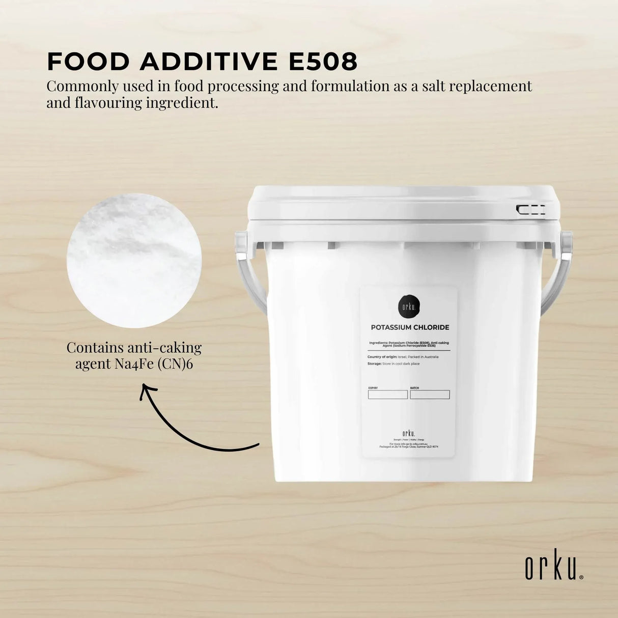 Orku 5Kg Potassium Chloride Powder (KCl) Tub - Food Grade E508 Salt Substitute