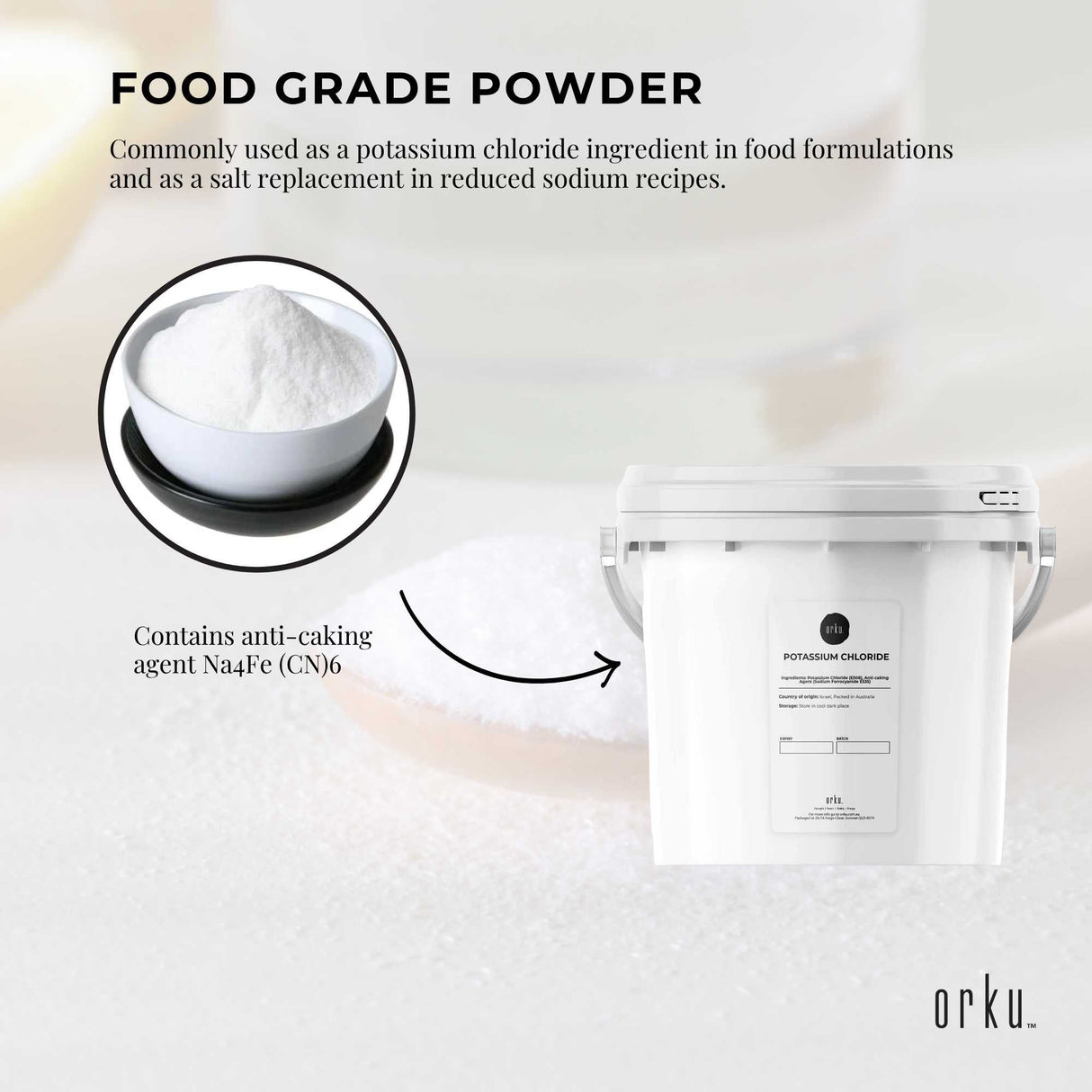 Orku 5Kg Potassium Chloride Powder (KCl) Tub - Food Grade E508 Salt Substitute