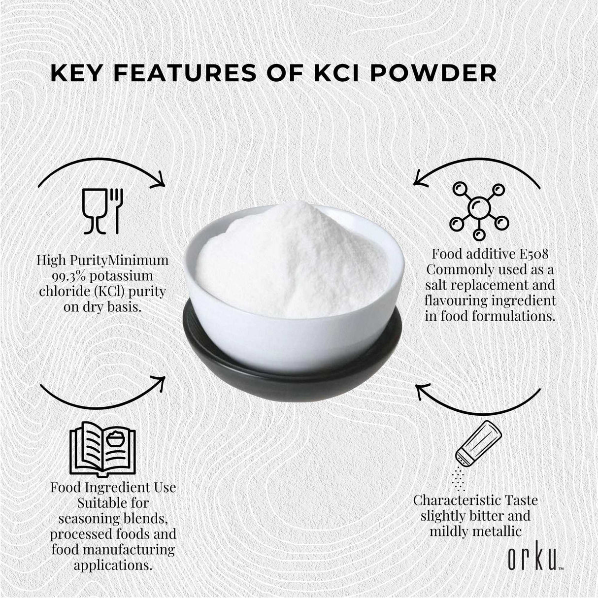 Orku 5Kg Potassium Chloride Powder (KCl) Tub - Food Grade E508 Salt Substitute