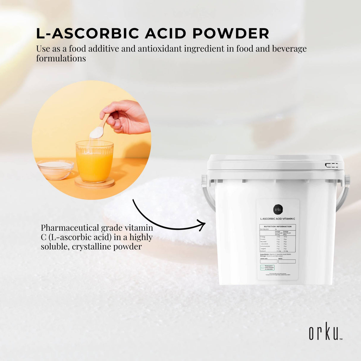 Orku 5Kg Vitamin C Powder in Tub Pure L-Ascorbic Acid - USP Grade Non-GMO