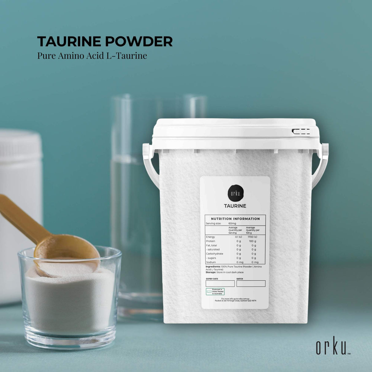 Orku 1.3kg Taurine Powder Tub - High Purity L-Taurine Amino Acid Ingredient