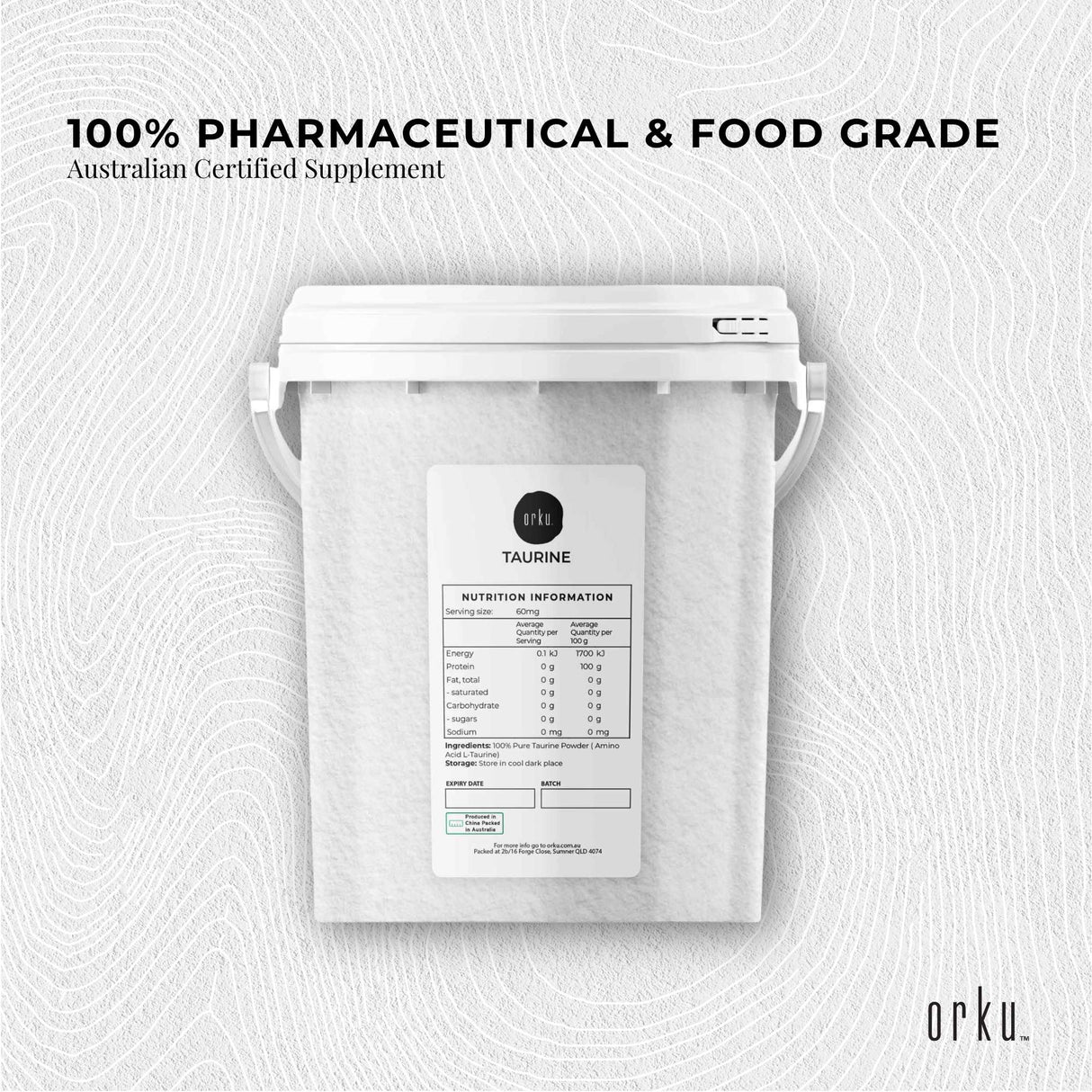 Orku 1.3kg Taurine Powder Tub - High Purity L-Taurine Amino Acid Ingredient