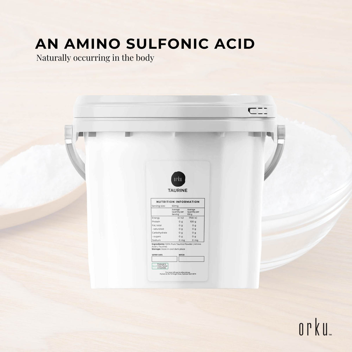 Orku 5kg Taurine Powder Tub - High Purity L-Taurine Amino Acid Ingredient