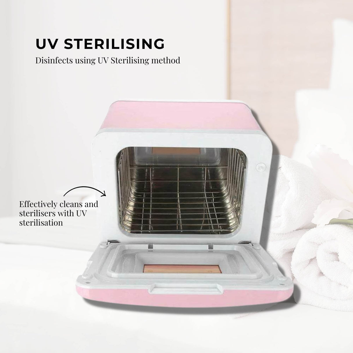 Compact Pink UV Electric Towel Warmer and Steriliser Cabinet - 8L Sanitising Hot Heater